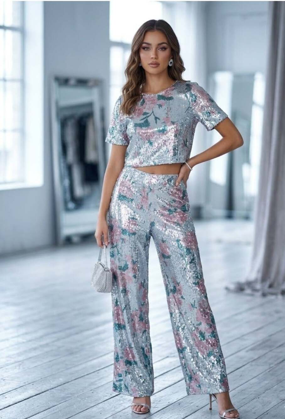 2-piece sequin outfit short-sleeve crop top matching wide-leg pants contemporary